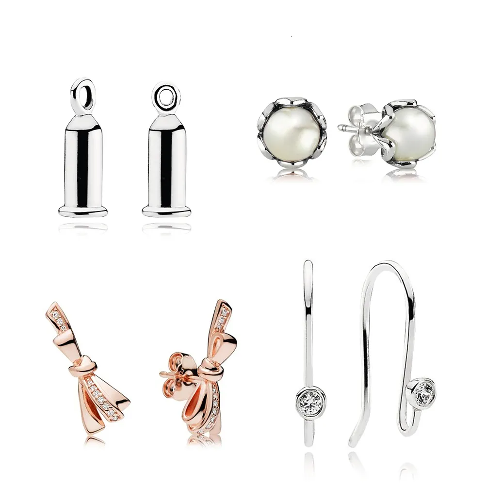 Stud 100% 925 Sterling Silver Rose Rilliant Bow Earring Barrel Gekweekt elegantie Stud -oorbellen Witte Pearl Charm na oorbellen 230811