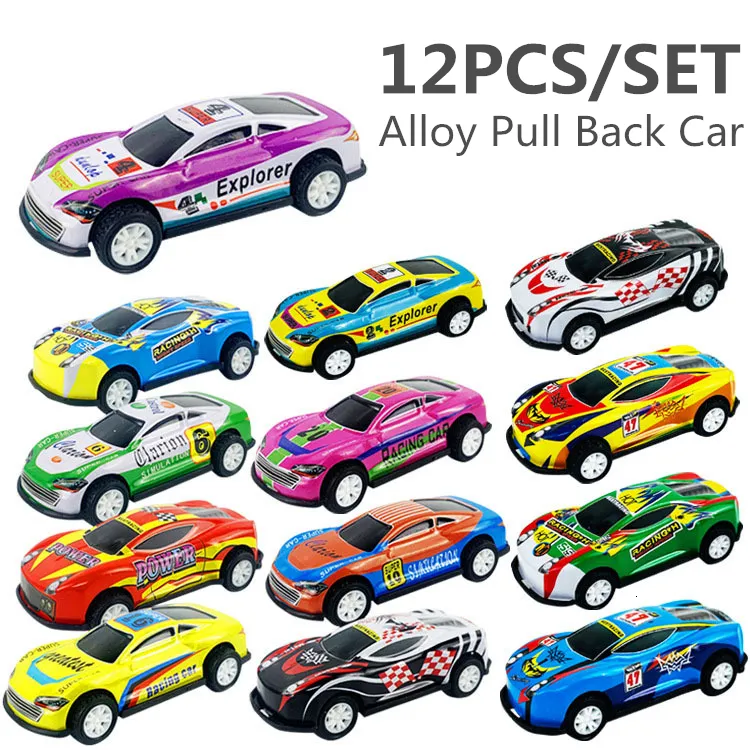 Diecast Model 12pcs stopy wyścigowe Model zabawek Mini żelazny arkusz samochód odbijający samochód metalowe zabawki dla dzieci chłopców prezent urodzinowy 230811