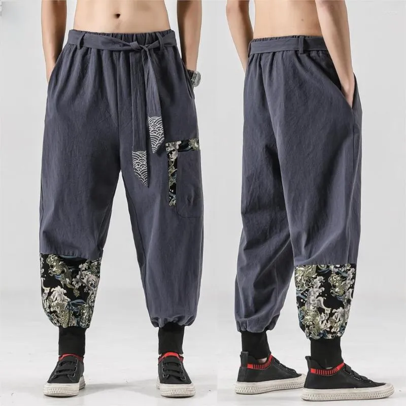 Men's Pants Chinoiserie Casual Cotton Linen -e Printed Belt Retro Harem Haori Baggy Y2K Harajuku Hip Hop