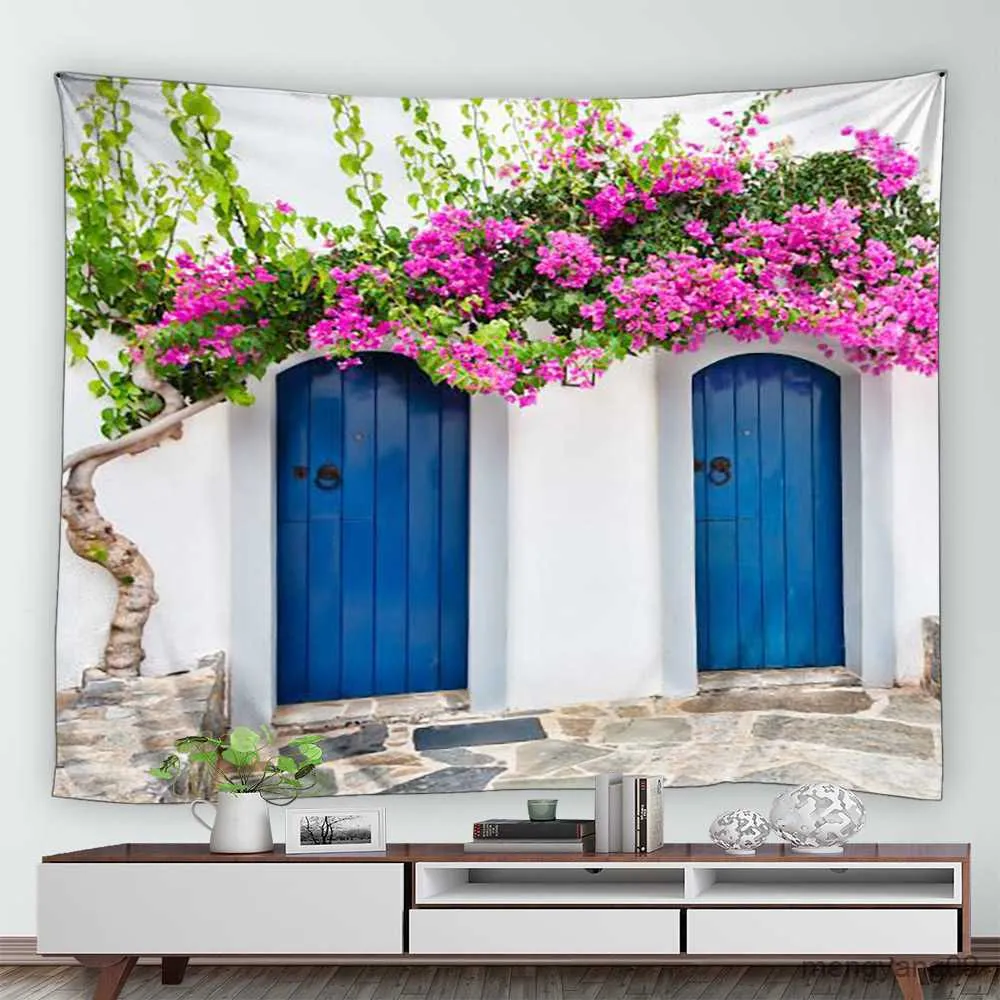 Tapestries Street Flower Scenery Tapestry Blue Wooden Door Floral Plants Nature Landscape Home Garden Decor Wall Hanging Picnic Mat R230812