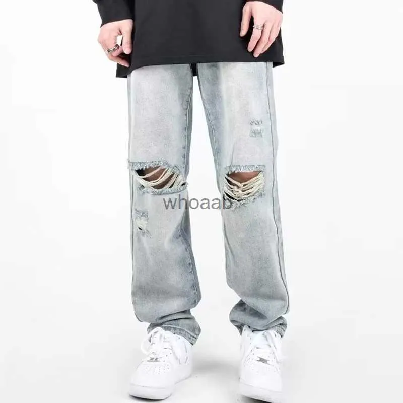 Summer Mens Ripped Jeans Blue Loose Fit Hole Wide-Ben Pants Casual Fashion Trousers Streetwear High Quality Denim Man Clothing HKD230812