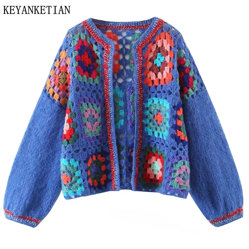 Womens Sweaters KEYANKETIAN Autumn HollowedOut Hook Plaid Short Knit Cardigan Ladies Tribal Ethnic Wind Handmade Thick Line Sweater Soft 230811