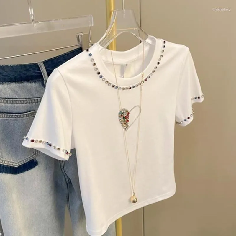 Magliette da donna Donne che perforano diamanti a forma di amore per le magliette in rilievo di strass sciolti magliette per guarnizioni a collo rotondo casual top a maniche corte a maniche corte