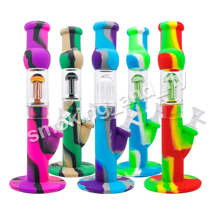 12.5inch Silicone Bongs Percolators Perc glass water pipes straight tube bong percolator tube Glass sets with Glass Bowl