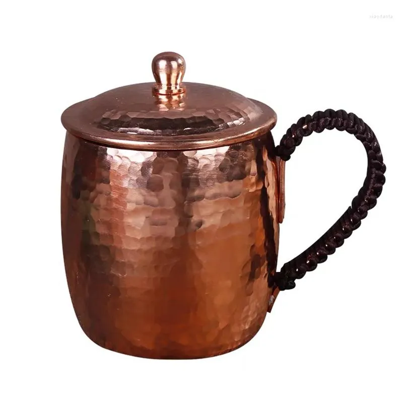 Mugs Handcrafted Beer Cup Coffee Mug Hammer Pure Copper With Lid Retro Weave Handle Thickened 500ml Office Drinkware Tableware