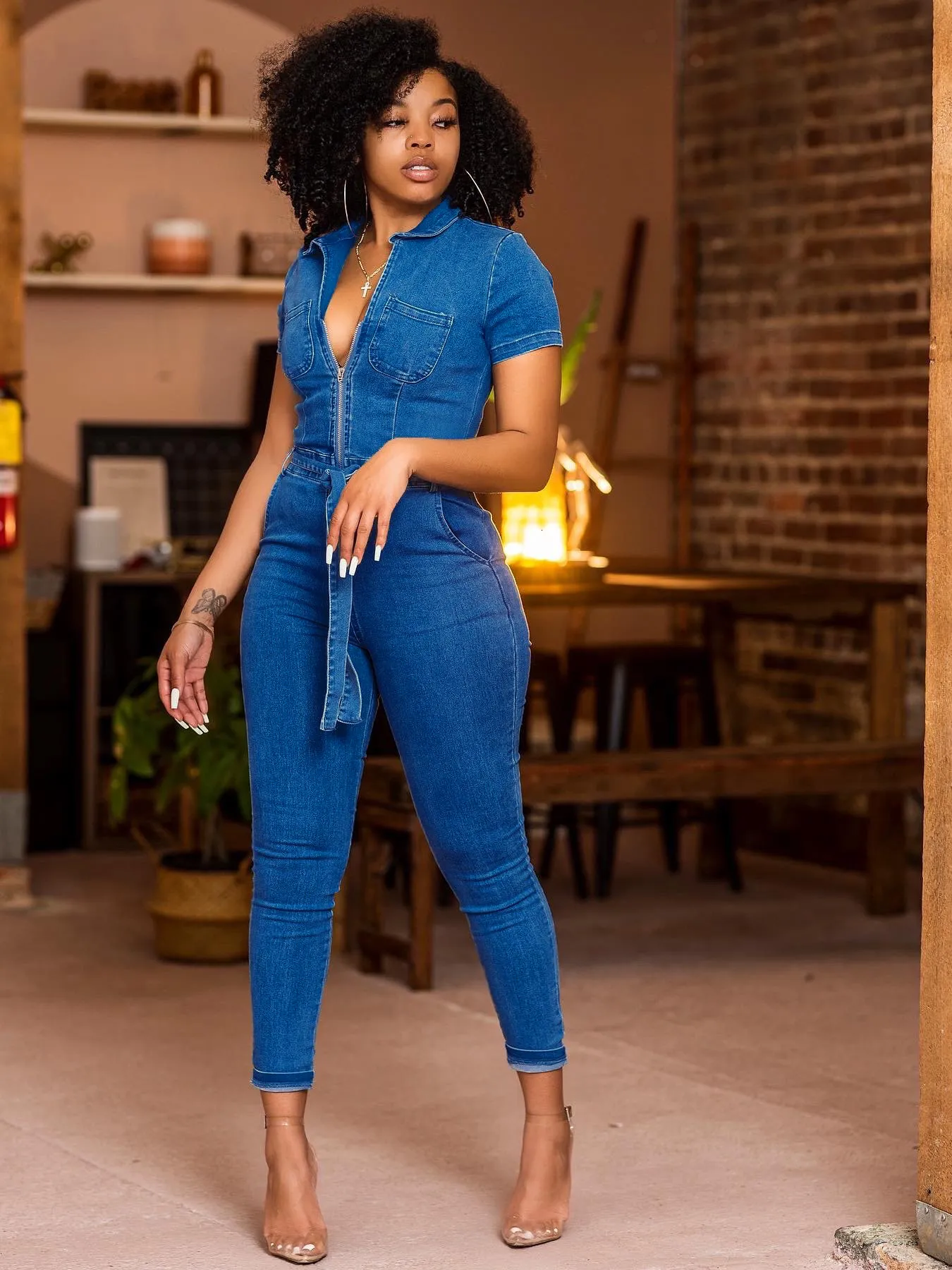 Women's Denim Jumpsuit with Sleeves in Indigo – MINIMALIST Tamara Davydova