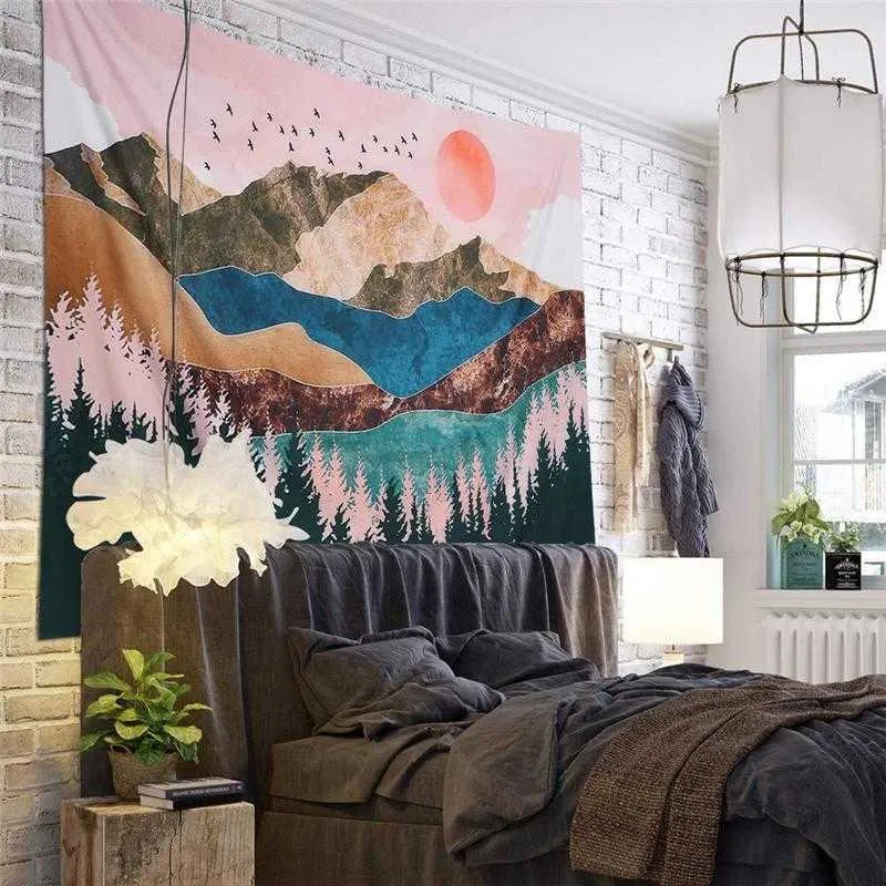 Tapissries Landscap Abstrakt Sunset Mountain Tapestry Wall Hanging Forest Larg Room Decor Tapestry filt Hem sovrum Dekoration