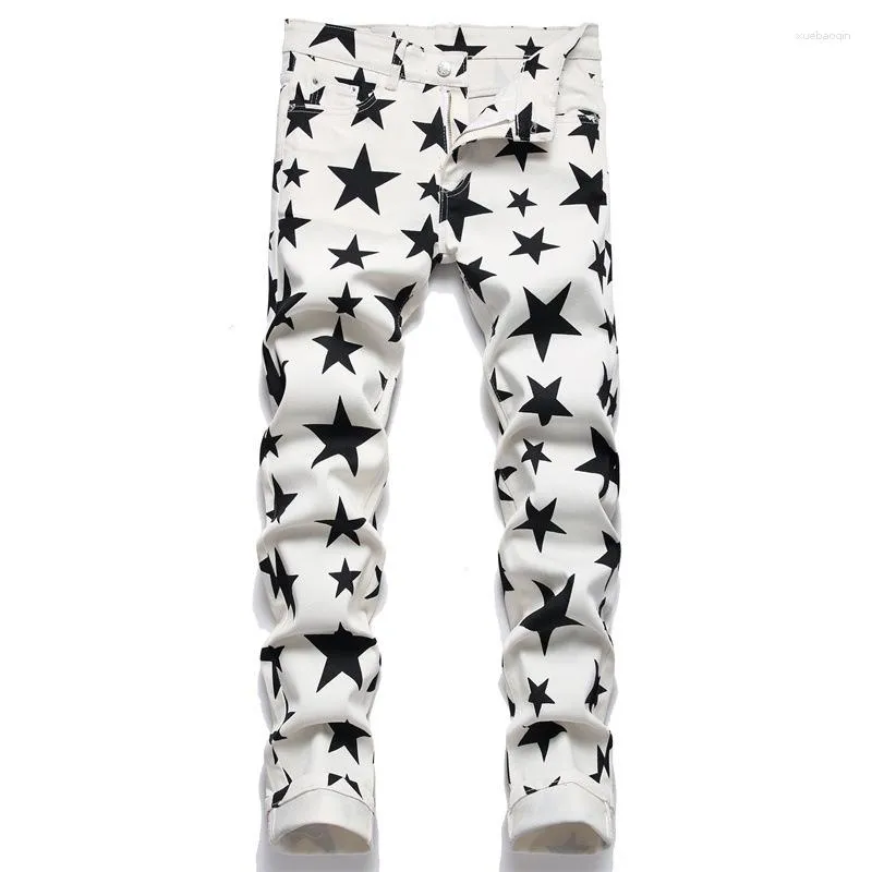 Męskie dżinsy Europejskie 5-punktowe gwiazdy cyfrowe szczupły kwiat ciała spodnie mody rozciągają spodnie
