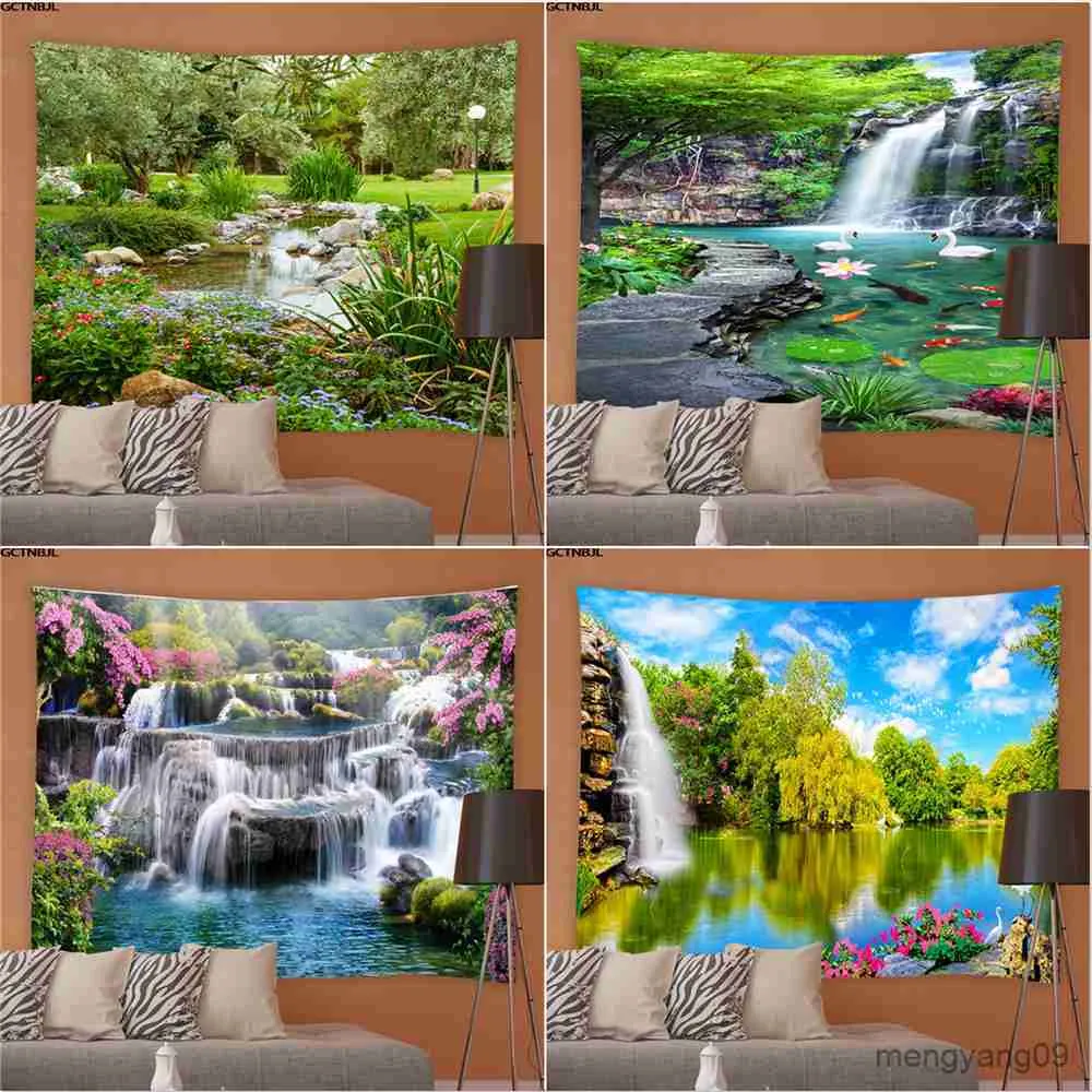 Tapestries Spring Natural Scenery Tapestry 3D Forest Waterfall Landscape Wall Hanging Home Background Cloth Decor Garden Poster for Outside R230812