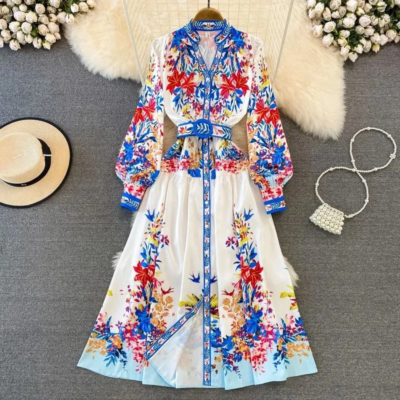 Robes décontractées de base 2024 Robe d'impression de fleurs vintage printemps d'été avec châssis femme vestidos élégant en V-col