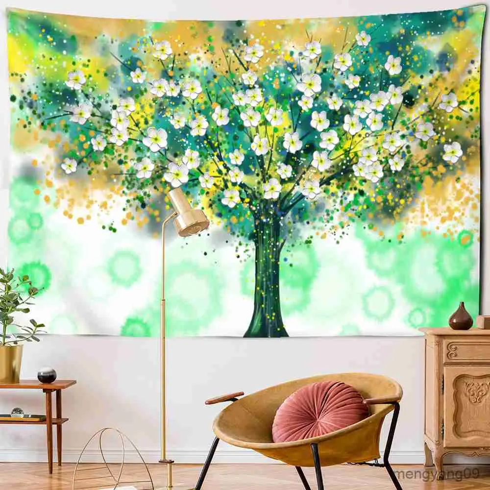 Tapestries Tree Flowers Illustration Wall Tapestry Good Luck Tree Wall Hanging Tapestry Home Decor Table Cover Tapestry R230812