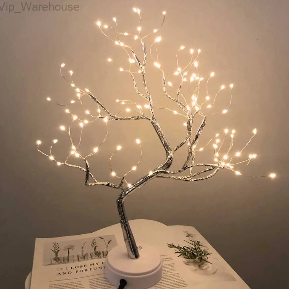 Full Sky Star Golden Leaf Willow Cherry Tree LED Night Light Mini Christmas Tree Copper Wire Garland Lamp Fairy Light For Home HKD230812