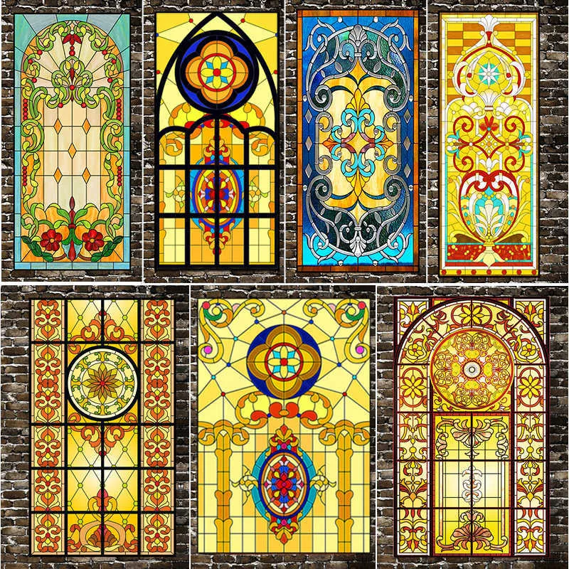 European Stained Glass Stickers Church Frosted Static Window Film