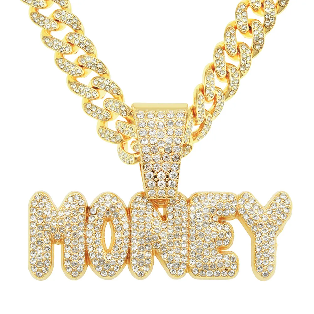 Hip-Hop-Männer Rapper Diamond Anhänger Halskette glänzend kreatives Geld Brief Anhänger Micro-inset Zirkon Schmuck Club Accessoire Pullover Collarbone Cuban Chain 1680