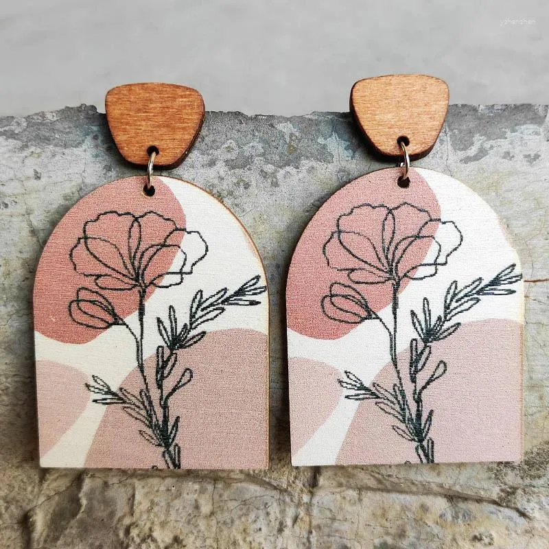 Dangle Earrings Door Shaped Handmade Wooden Drop Floral Pattern Earing Women Fashion Wood Statement Pendant Earings Unique Jewelry