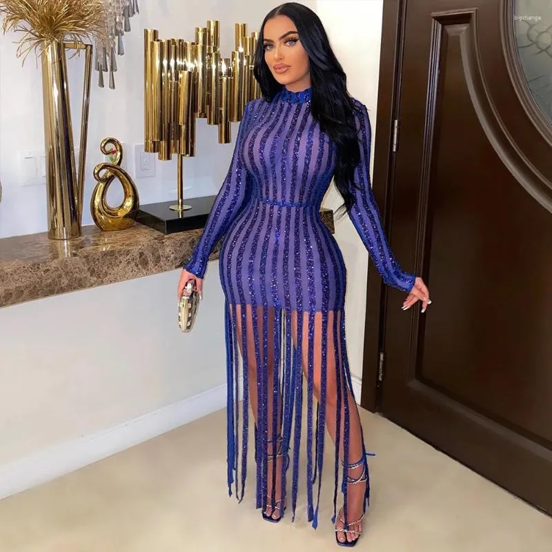 Casual Dresses Zoctuo O-neck Sheer Mesh Slimming Dress Beaded Fringe Skirts For Women Long Sleeve Gold Striped Vestidos Clothing Robe