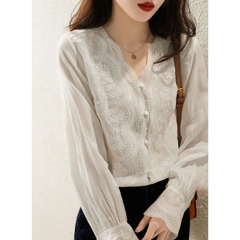 Japanese And Korean Style Western Shirt White Cotton Base Lace Embroidered For Women