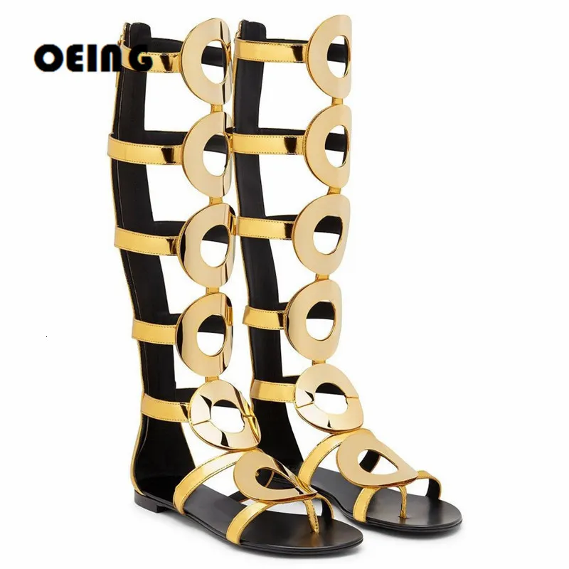 Boots Summer Women Knee High Boots Sandals Gold Leather Circle Cut Outs Flat Sandals Femmes Sandales Boots Shoes Woman 230811