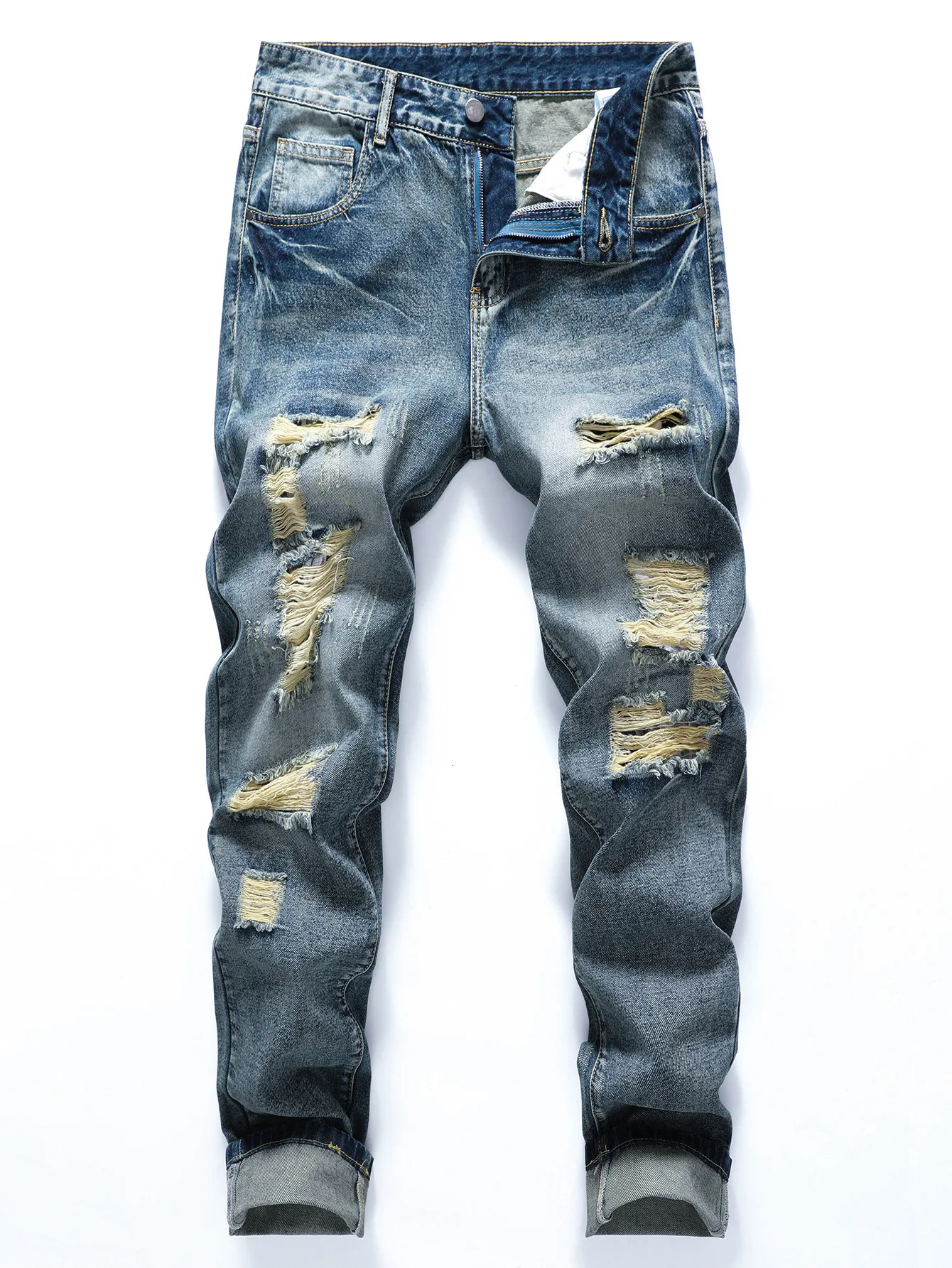 Mäns jeans män rippade frayed blekmedel tvätt jeans-utseende stilen känns bekväm 230812