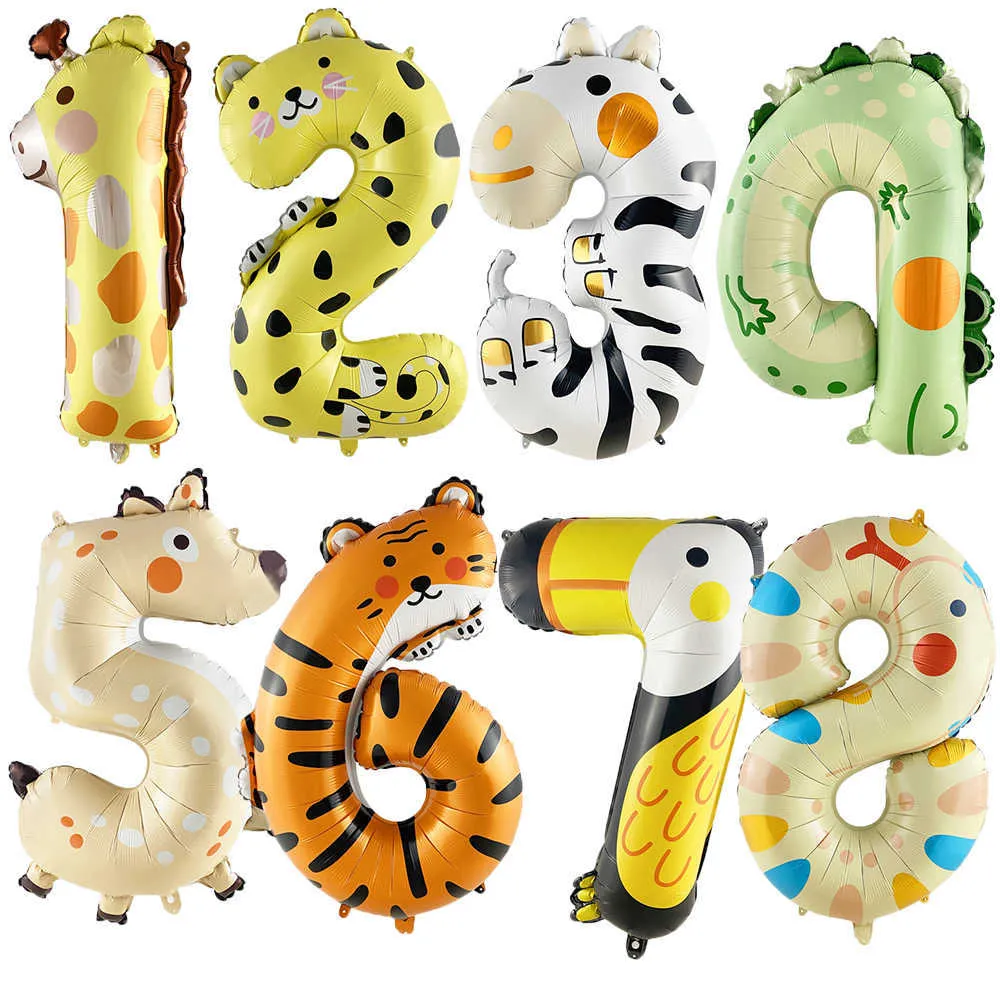 Decoration Carton Animal Number Balloon Wild Animal Type Foil Balloon for Kids Jungle Birthday Decoration DIY Gifts