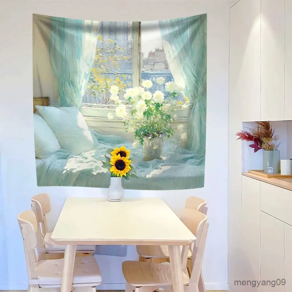 Tapestries Small Fresh Tapestry Window Scenery Flower Printed Dormitory Bedroom Back Ground Cloth Wall Hanging Home Decor R230812