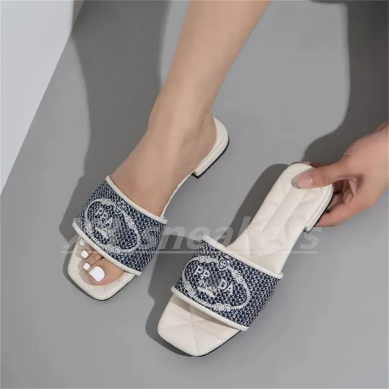 Designer Slides Women Embroidered Fabric Slippers Metallic Slide Sandals Luxury P Sandal Triangle Chunky Heel Fashion Summer Beach Low Heel Diamond Jacqu x27