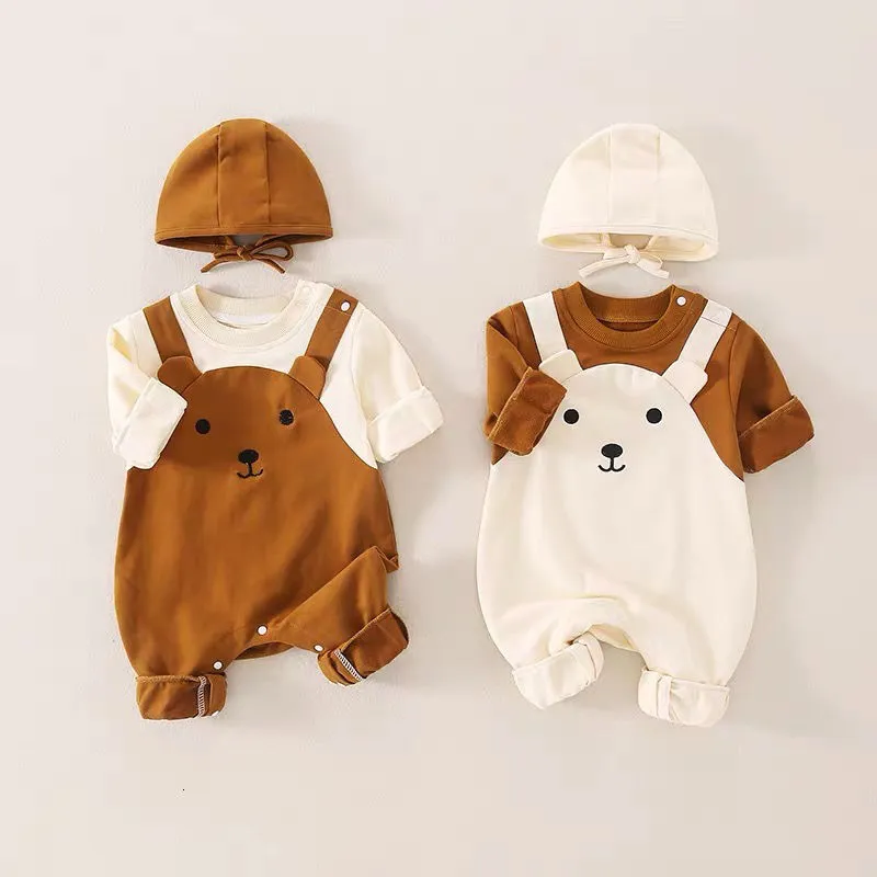 Rompers 3-15M Spring Autumn born Cartoon Clothes Baby Girl Boy Romper Infant Cute Bears Cotton Soft Infant Jumpsuit with Knit Cap 230812