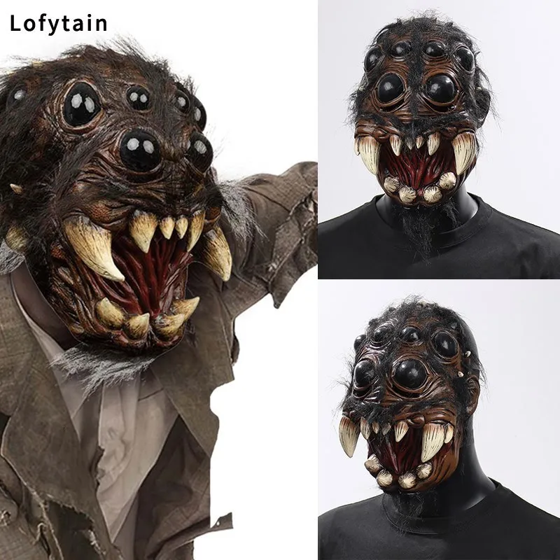 Party Masks Horror Creepy Spider Mask Cosplay Scary Animal Spiders Big Eyes Tooth Open Mouth Latex Hjälm Halloween Party Costume Props 230811