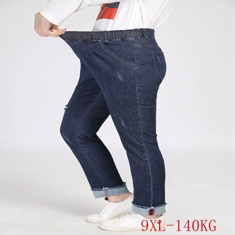 女性のジーンズ秋の大規模ジーンズエラスティックウエスト5xl 7xl 8xl 9xlファッションレディースエラスティックウエストポケットペンシルパンツ230811