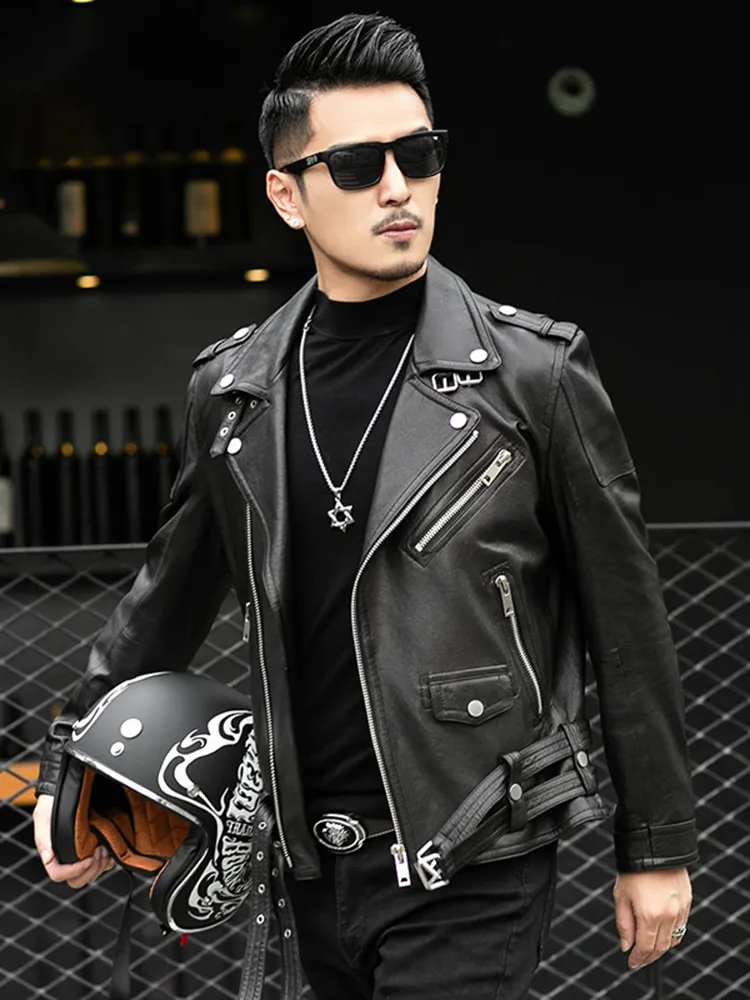 Men's Jackets Mauroicardi Spring Autumn Short Cool Black Leather Biker Jacket Men Zipper Long Sleeve Belt Plus Size European Fashion 4xl 5xl 230812