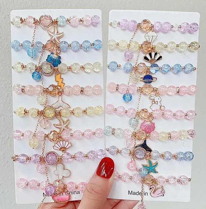 Beads Bracelets Kids Jewelry Girls Friendship Pendants Charm Glass Crystal Beaded Stretch Wristband Anklets Birthday Bag Fillers Pink Purple Blue