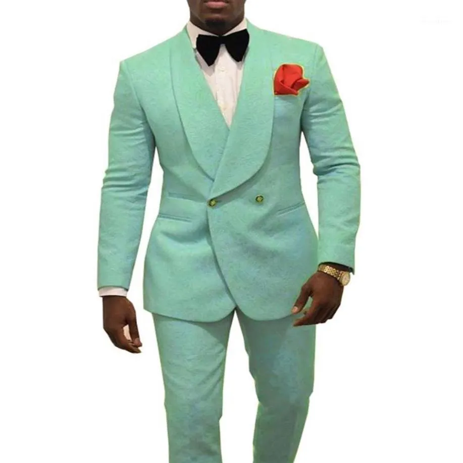 Men's Suits & Blazers Mint Green Double-breasted Mens Patterned Suit Groom Tuxedos For Wedding Shawl Lapel Two Piece Blazer 309R