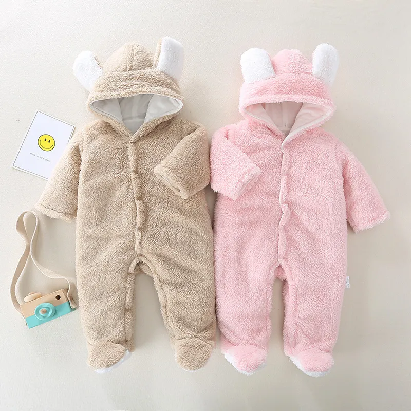 Rompers Baby Girl Boy Clothes Jumpsuit For Kids Winter Fleece Warm Cotton Borns Cute Hooded Jumpsuit Bag Foot Romper Spädbarnskläder 230811