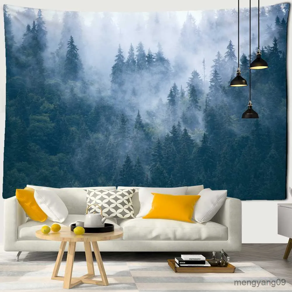 Tapices Foggy Forest Tapestry Decoración del hogar Muro colgante Hippie Bedspread Art Home Decor R230812