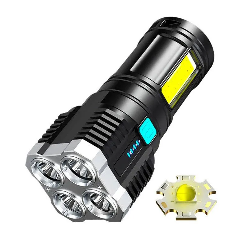 Shopping LED Torch Lamp with side reading light, battery indicator, Type-C usb Powered LED Black Torch for camping hiking cycling fishing travel outdoor