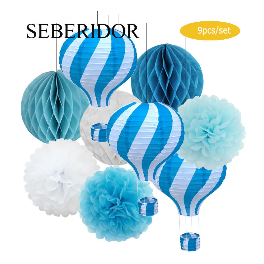 Andra evenemangsfestleveranser Blue Pink Set Air Balloon Shape Paper Lantern Tissue Pompom Honeycomb 12 "för bröllopsdop Birthday Carnival Party Favor 230812