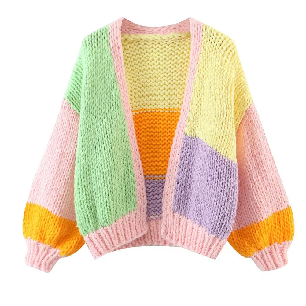 Kvinnor tröjor Kvinnor Lossa Sweet Stick Cardigan Spring och Autumn Fashion Patchwork Lantern Sleeve Sweater Crop Top Handmade liten jacka 230811