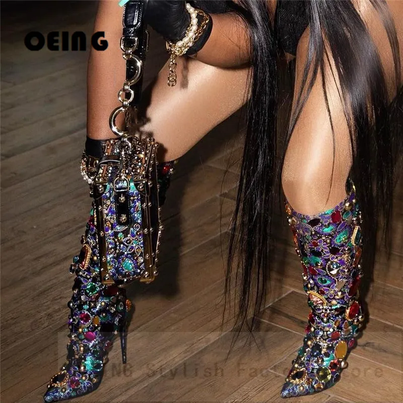 Stövlar kvinnor bling crystal-embellished knä höga stövlar sexiga spetsiga tå stilettos stövlar mode kvinnliga klänning party skor botas de mujer 230811