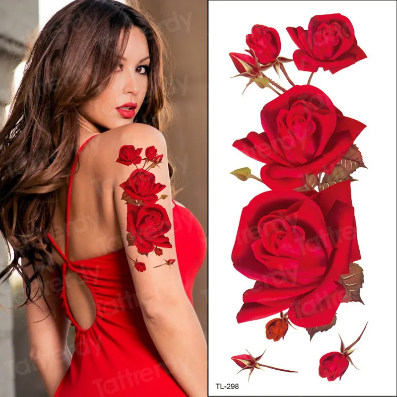 Tatuagens temporárias cor vermelha rosa tatoo blossom Flor Fashion impermea à prova d'água tatuagem adesiva Tatoo Girls Tatto Women Henna 230812
