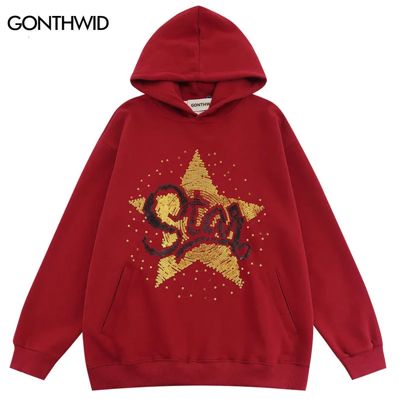 Mens Hoodies Sweatshirts Hip Hop Men Hoodie Streetwear Harajuku Sequin Star Letter Oversized Hooded Sweatshirt Y2K Fashion Casual Loose Pullover 230811