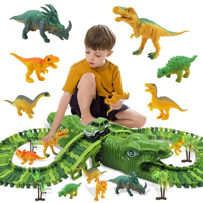 Diecast Model 153Pcs DIY Dinosaur Electric Rail Car Railway Toy Set Flexible Changeable Assembled Building Blocks Track for Boy Kids Toys Gift 230811