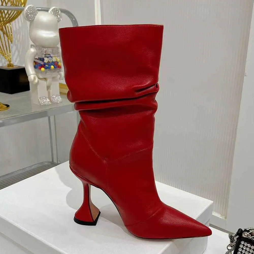 Full Grain Leather Goblet Half Boots Mid Calf Pull Fashion Pointed