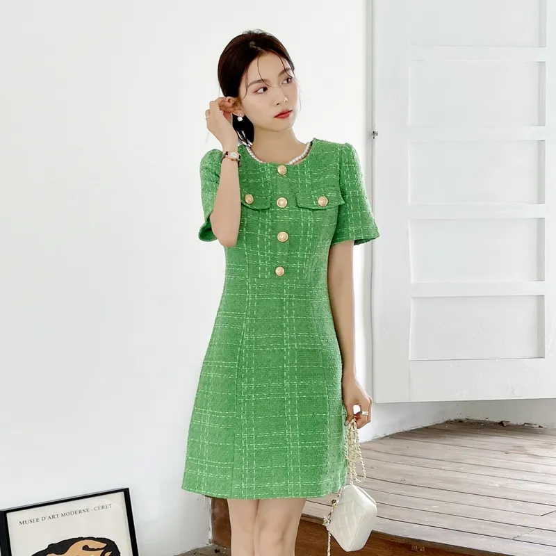Chic Tweed Mini Dress: French Style, Elegant Green Dress with