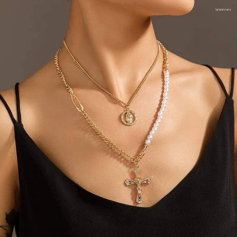Pendant Necklaces Personality Trend Cross Portrait Double Layered Wearing Small Fragrance Pearl Necklace