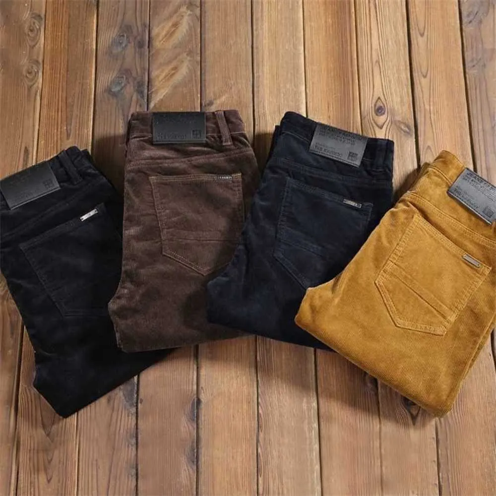 Herfst heren dikke corduroy stretch casual broek klassieke stijl kaki slanke broek mannelijk merk kleding 211201jrvq