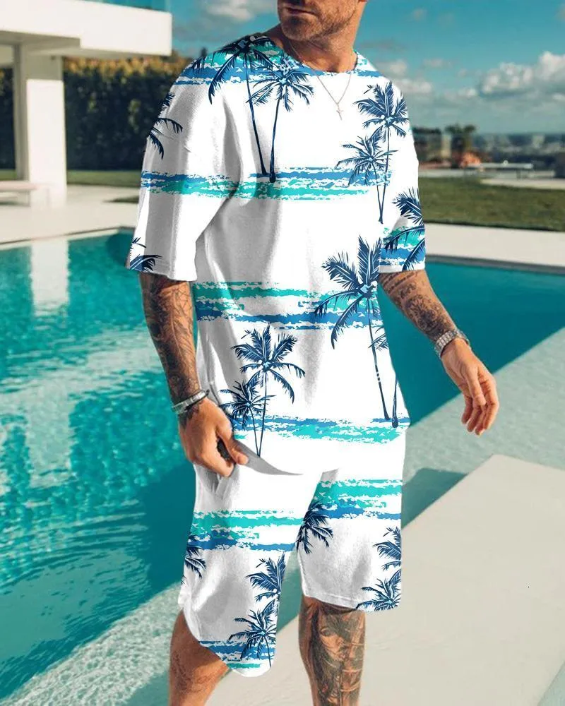 남성용 트랙 슈트 여름 해변 의상 티셔츠 세트 하와이 남성 트랙복 2 조각 코코넛 나무 짧은 소매 캐주얼 정장 패션 휴가 필수품 230811