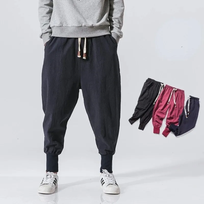 Men's Pants Hip Hop Cotton Harem Pants Men Solid Elastic Waist Streetwear Joggers Baggy Drop-crotch Pants Casual Trousers Men 230811