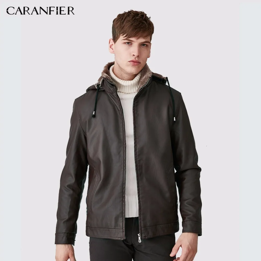 Herenjacks Caranfier Mens Leather Winter Warm Lagen plus dikke bovenkleding Biker Motorfiets Mannelijke klassieke capuchon Faux jas Winddicht 230812