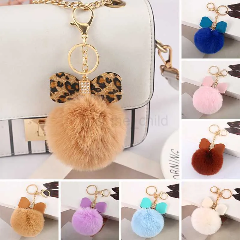Keychains Lanyards New Cute Fur Pompom Keychain Rhinestone Leather Bow Artificial Rabbit Ball Bag Pendant Car Key Ring Gift Women Handbag Key Chain