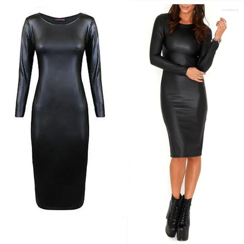 Casual Dresses Women Shiny Black Faux Leather Dress Long Sleeve Bodycon Midi Knee Patent Celebrity Sexy Club